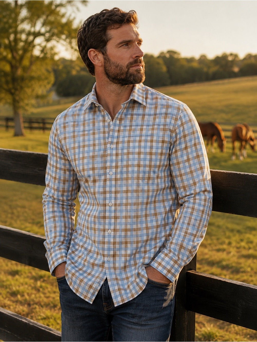 Linea Uomo LU Men’s XL Stretch Plaid Button Down Shirt Blue Tan Cotton